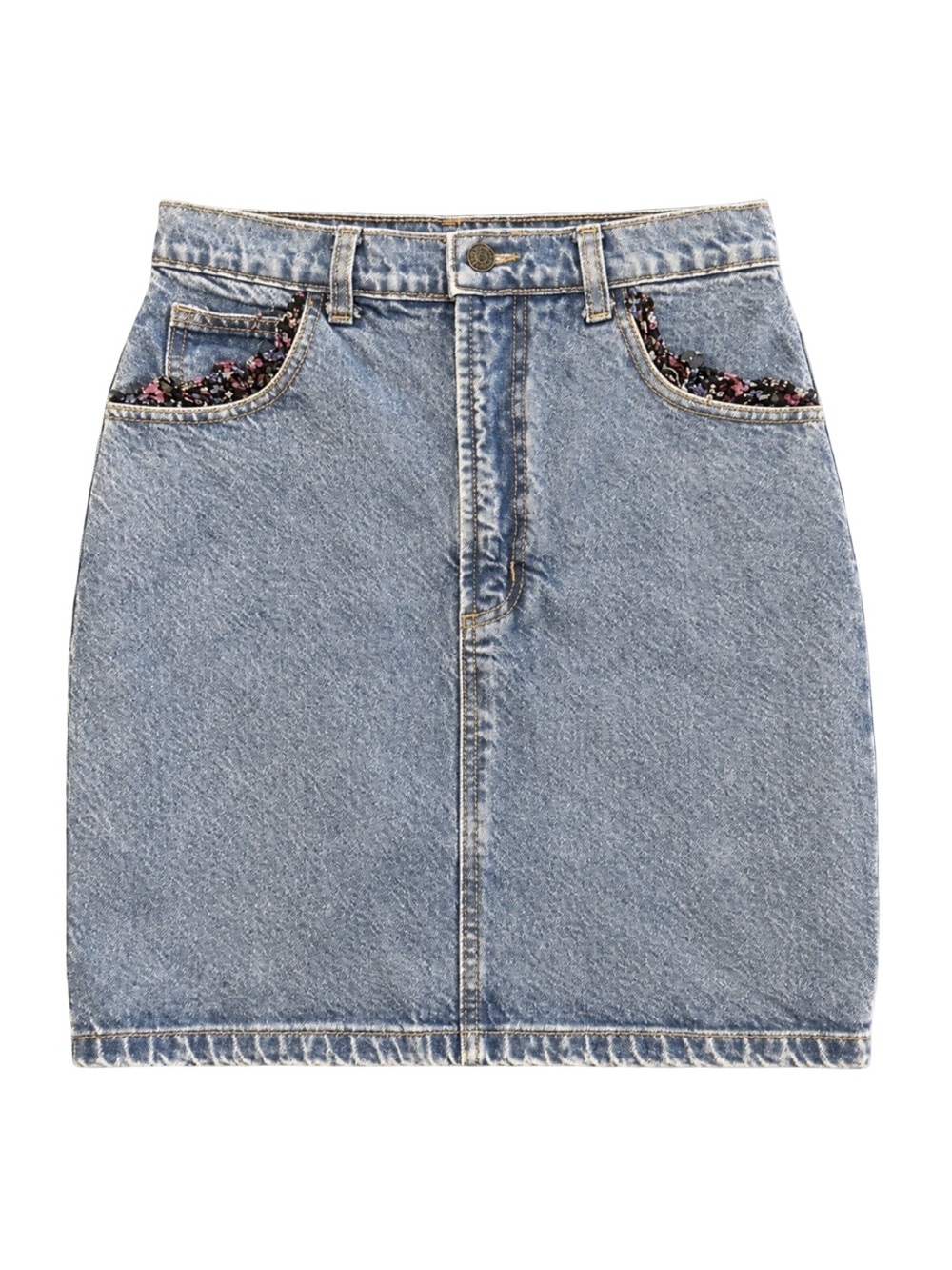 VTG California Concepts 90s Denim Mini Skirt Floral Trim Cottagecore Whimsy 26